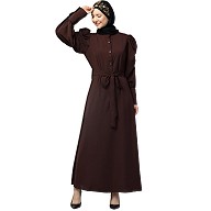 Gathered puffed sleeves abaya with long cuff - Brown